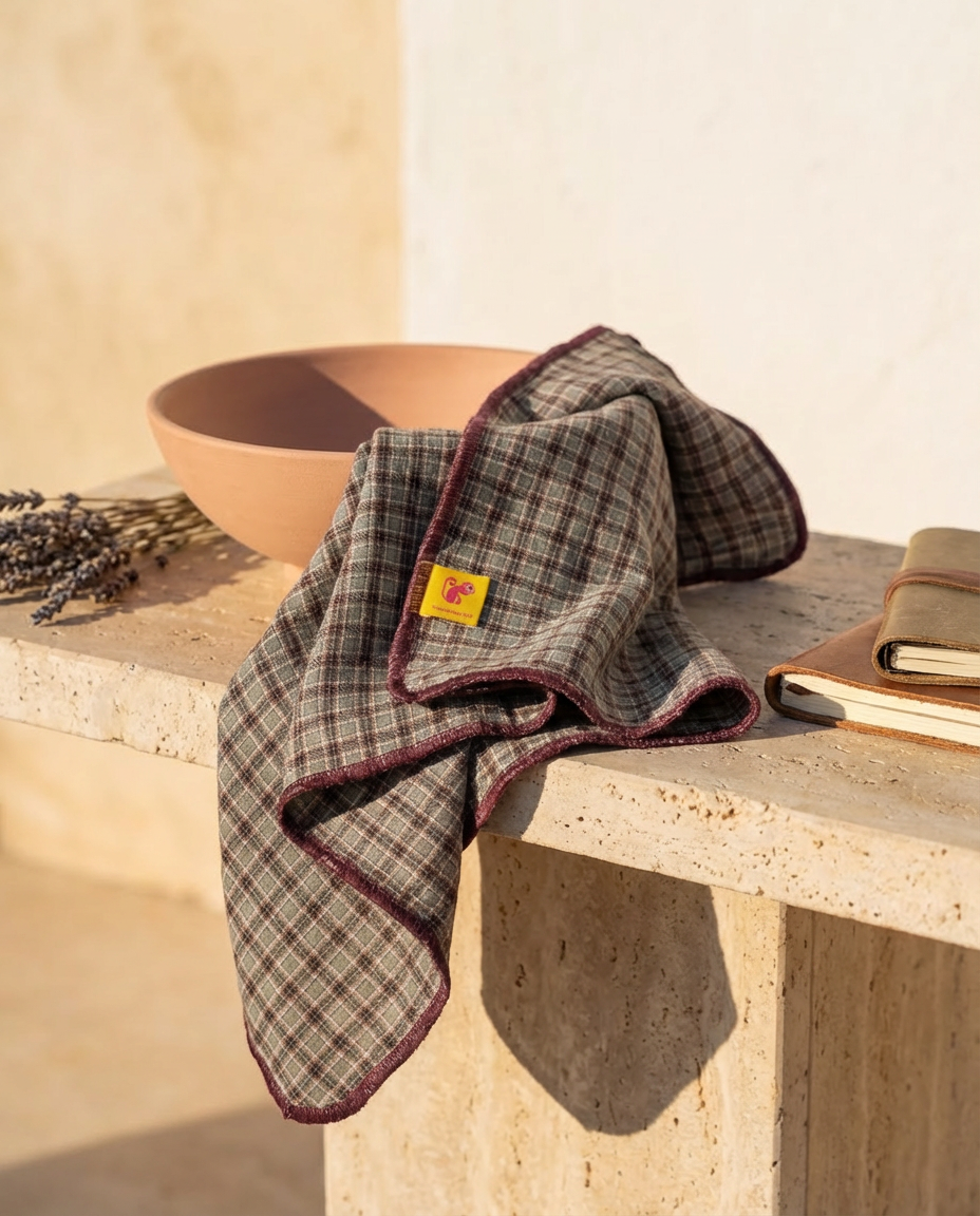 Muslin de organic cotton CUADROS & BURGUNDY