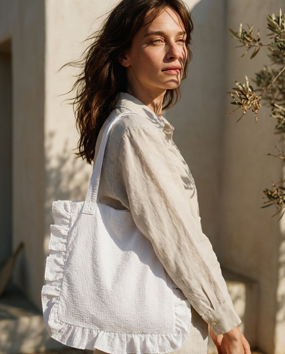 Tote Bag with ruffles white