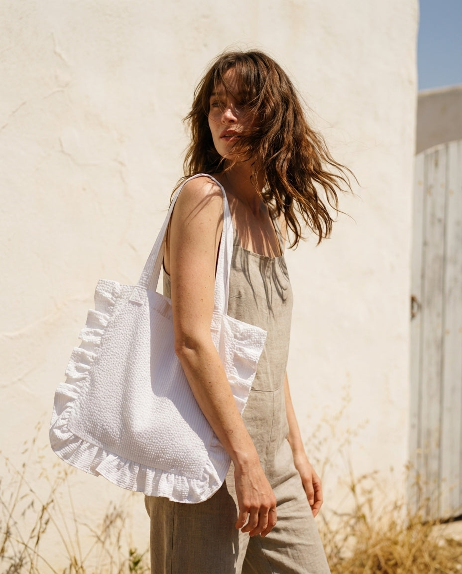 Tote Bag with ruffles white